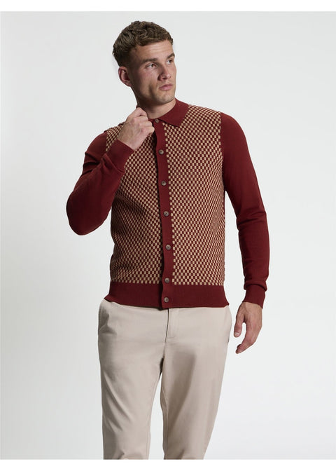 Ben Sherman Contrast Checkerboard Gebreid Overhemd Siennabruin – voorkant gedragen
