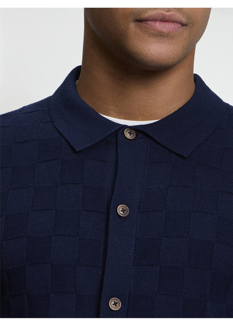 Ben Sherman Checkerboard Gebreid Overhemd Donkerblauw – detail