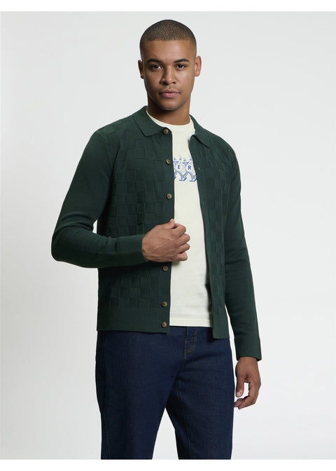 Ben Sherman Checkerboard Gebreid Overhemd Lotusgroen – voorkant gedragen