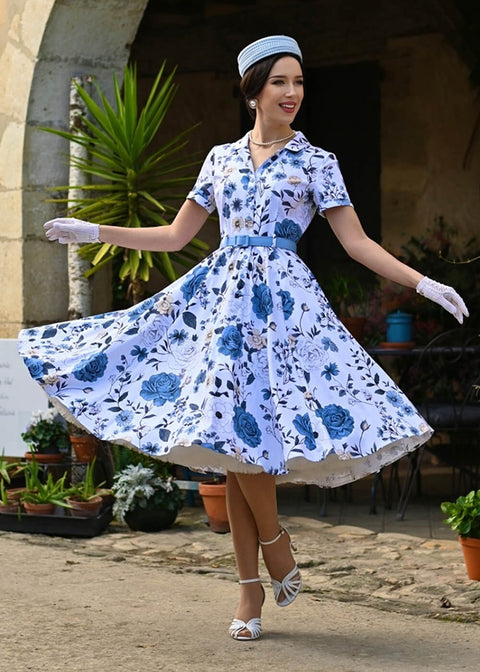 blue dress with white hearts Silk Long Maria Dress