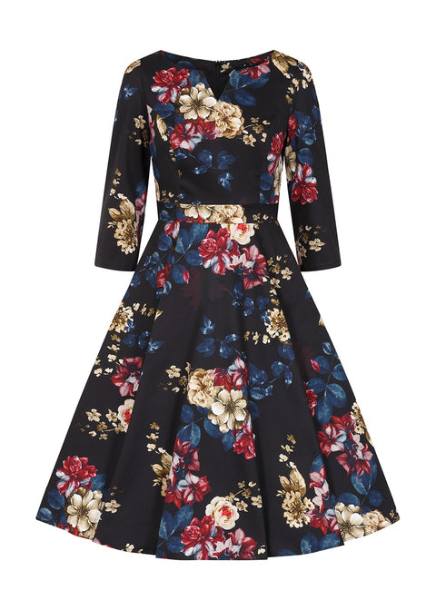 Hearts & Roses Elara Floral Swing Jurk Zwart - foto 1