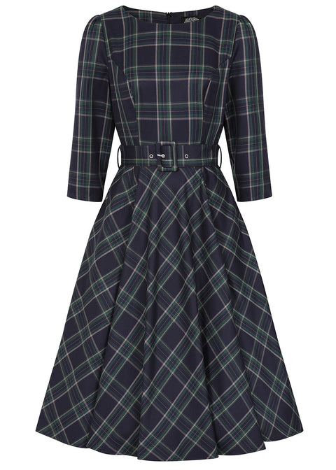 Hearts & Roses Cece Tartan Swing Jurk Navy - voorzijde