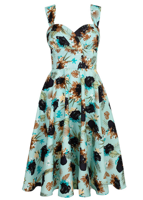 green dress with black panthers on it Green and Black Animal Print Puff Long Sleeve Midi Dress AX Paris