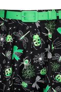 Hell Bunny Millie Halloween rok zwart groen - detail van groene riem en Halloweenprint