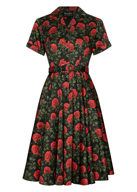 Succubus Clothing Lucy Roses & Thorns 50er-Swing-Kleid Schwarz