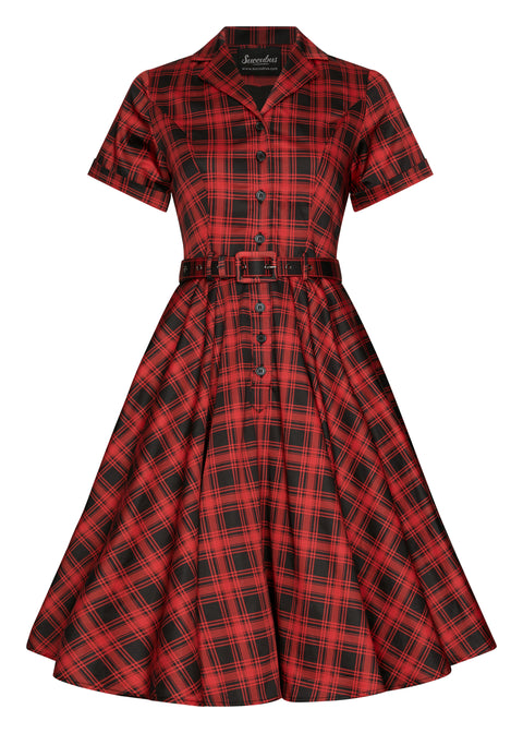 Succubus Clothing Lucy Rogue Tartan 50er-Swingkleid Rot Schwarz
