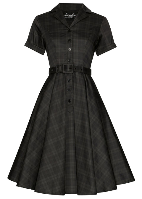 Succubus Clothing Lucy Blackout Tartan 50er-Swing-Kleid Schwarz