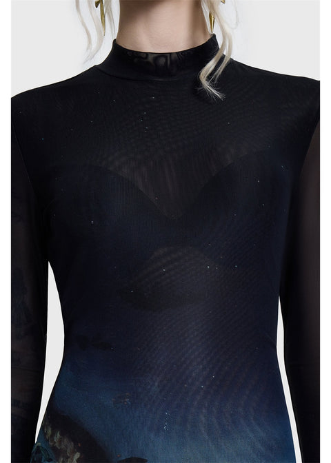 Killstar Witches' Sabbath Maxi Jurk Multi – detail van hoge halslijn en mesh