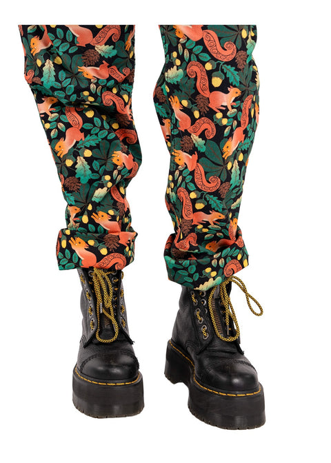 Run & Fly Squirrel tuinbroek zwart met eekhoorns, eikels en bladeren