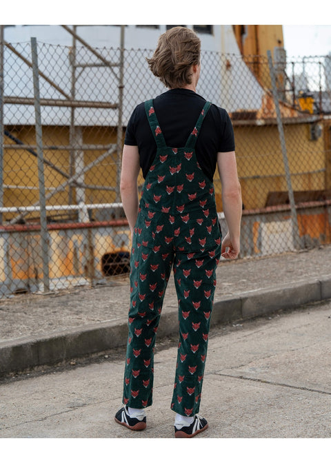 Run & Fly Foxy corduroy tuinbroek groen met vossenkoppen
