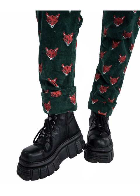 Run & Fly Foxy corduroy tuinbroek groen met vossenkoppen