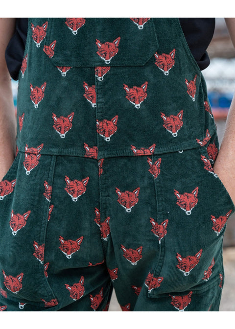 Run & Fly Foxy corduroy tuinbroek groen met vossenkoppen