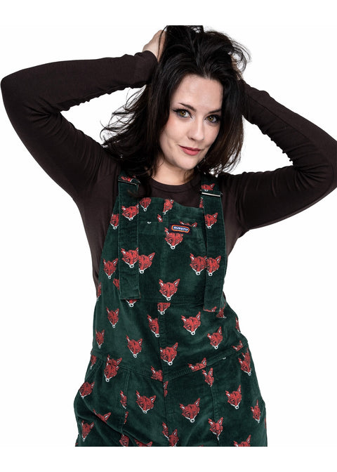 Run & Fly Foxy corduroy tuinbroek groen met vossenkoppen