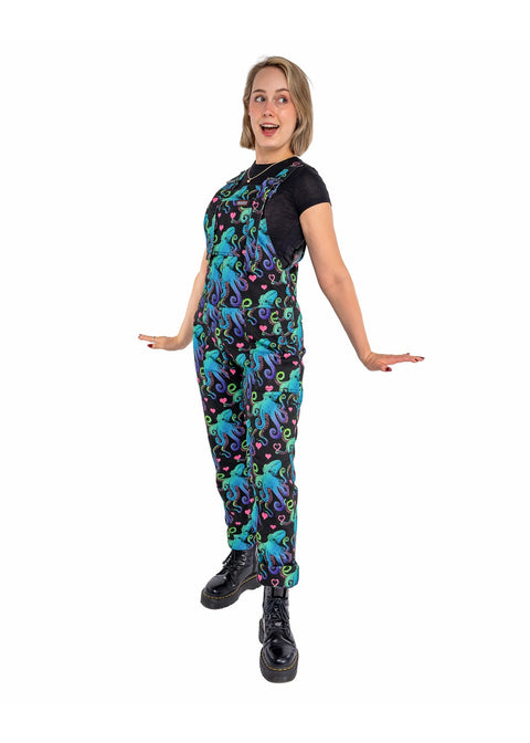 Run & Fly Octopus Love tuinbroek zwart met kleurrijke octopussen en roze hartjes
